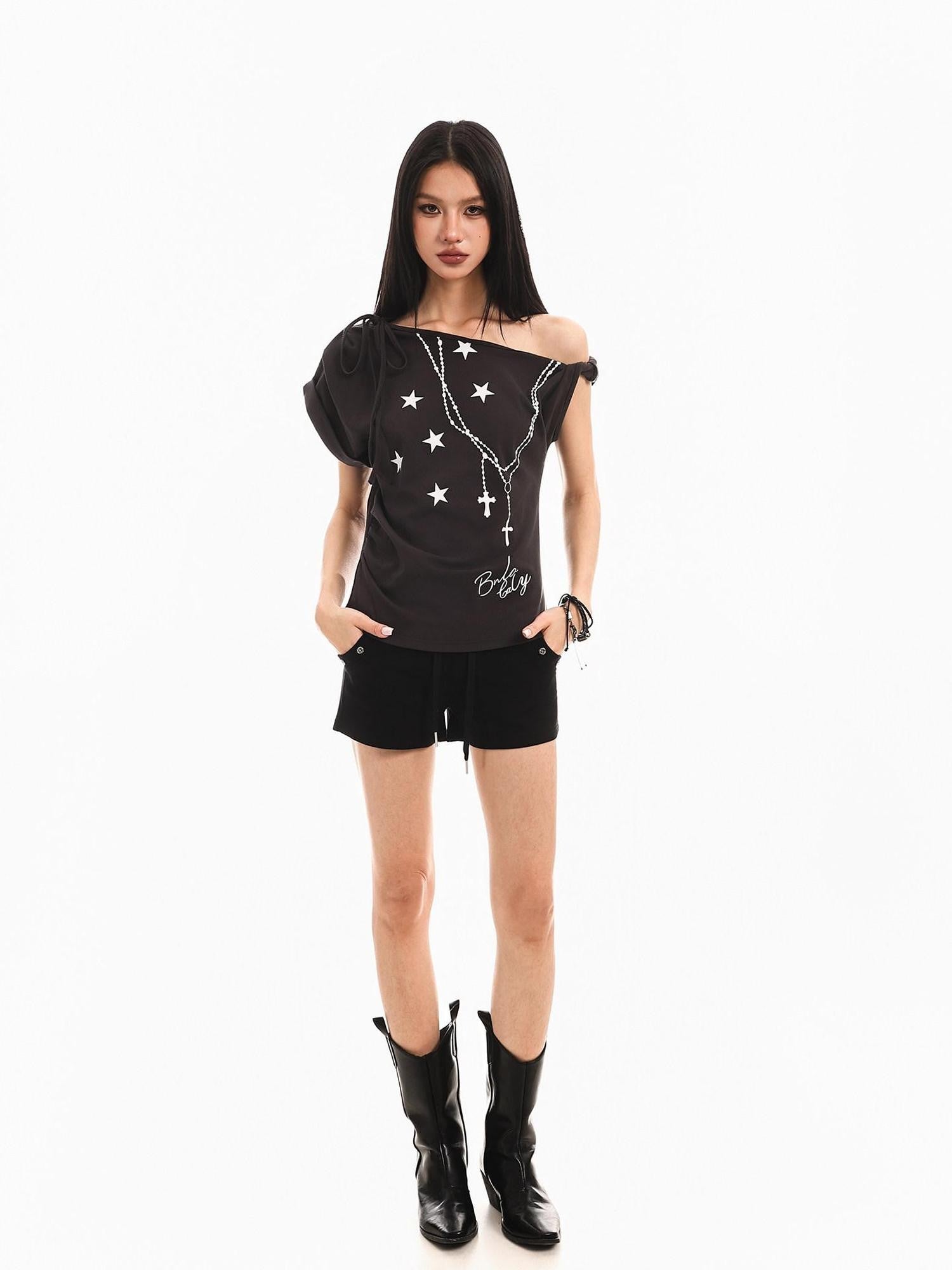 XPKAEAX Star Print Tie Off Shoulder Asymmetric Neck Slim Women's Short Sleeve T-shirts