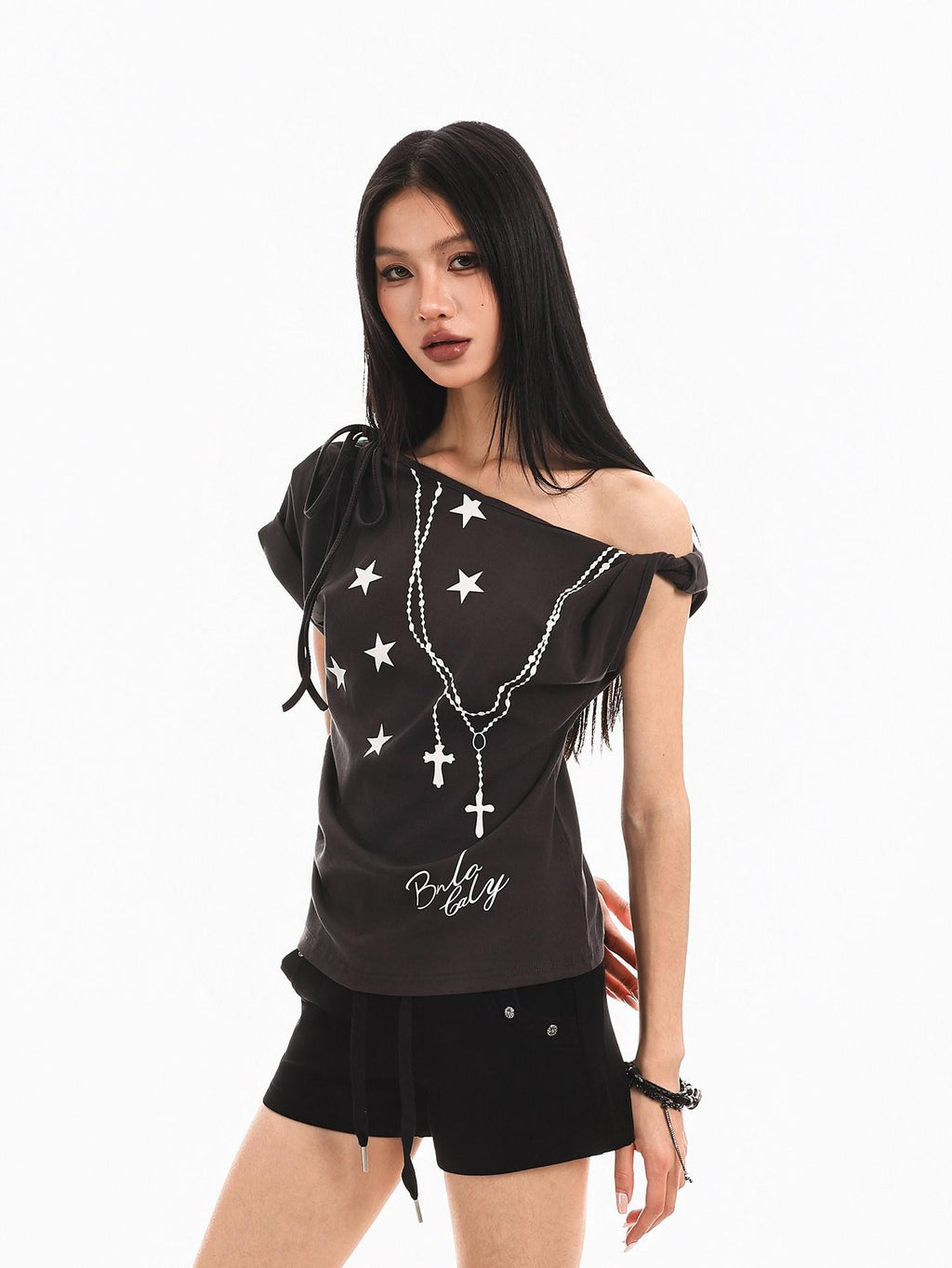 XPKAEAX Star Print Tie Off Shoulder Asymmetric Neck Slim Women's Short Sleeve T-shirts