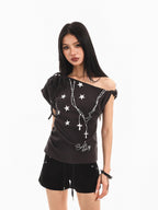 XPKAEAX Star Print Tie Off Shoulder Asymmetric Neck Slim Women's Short Sleeve T-shirts
