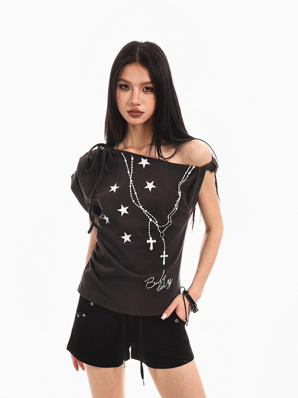 XPKAEAX Star Print Tie Off Shoulder Asymmetric Neck Slim Women's Short Sleeve T-shirts