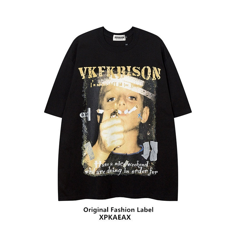 XPKAEAX Street Character Print Drop Shoulder Round Neck Women's Short Sleeve T-shirts 702459036442