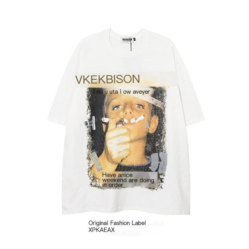 XPKAEAX Street Character Print Drop Shoulder Round Neck Women's Short Sleeve T-shirts 702459036442