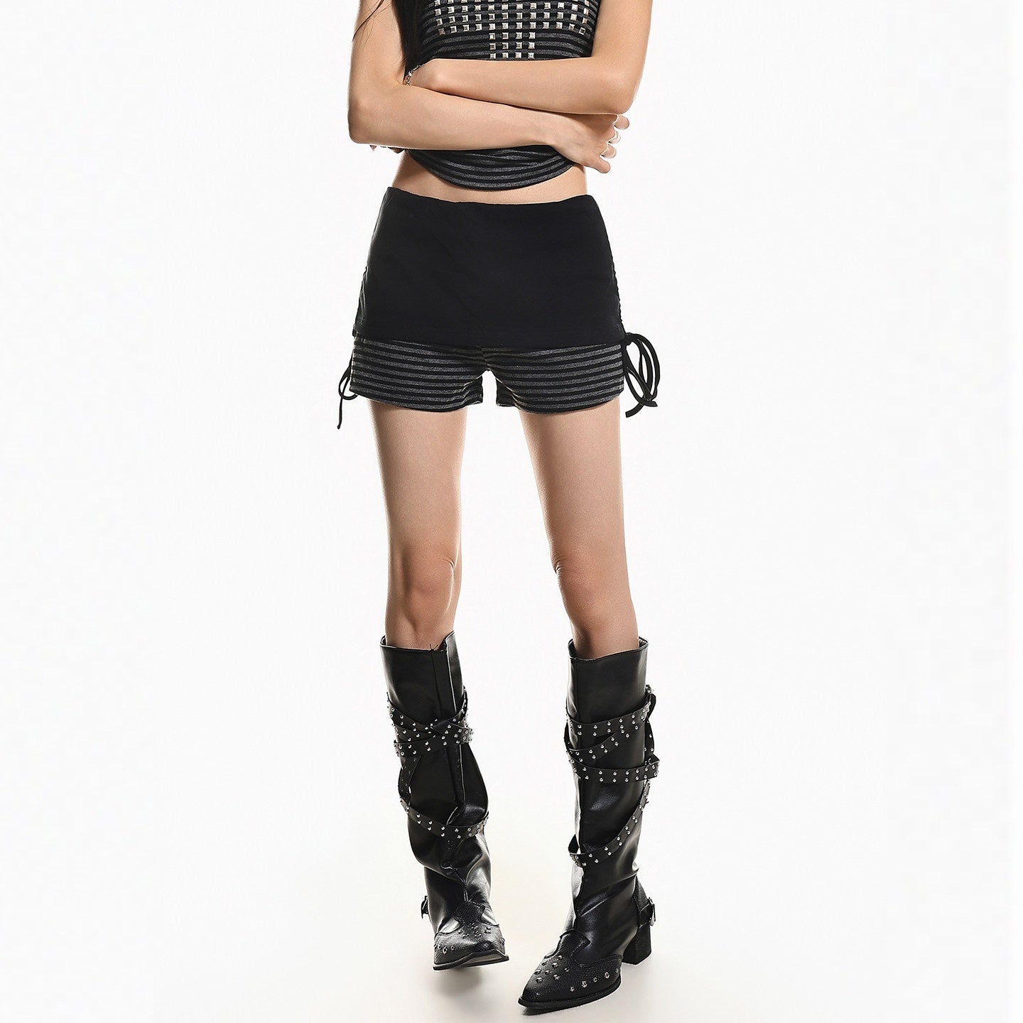 XPKAEAX Striped Patchwork High Waisted Tie Women's Casual Straight Short Trousers 1035625590797