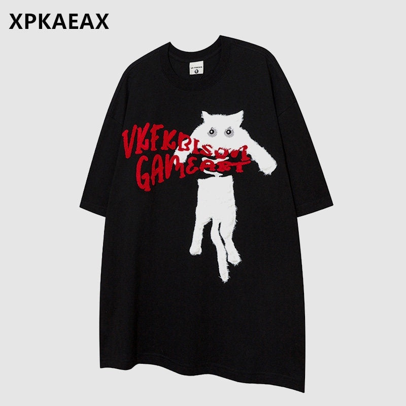 XPKAEAX Terry Embroidered Cat Drop Shoulder Women's Cotton Short Sleeve T-shirts 765231643114