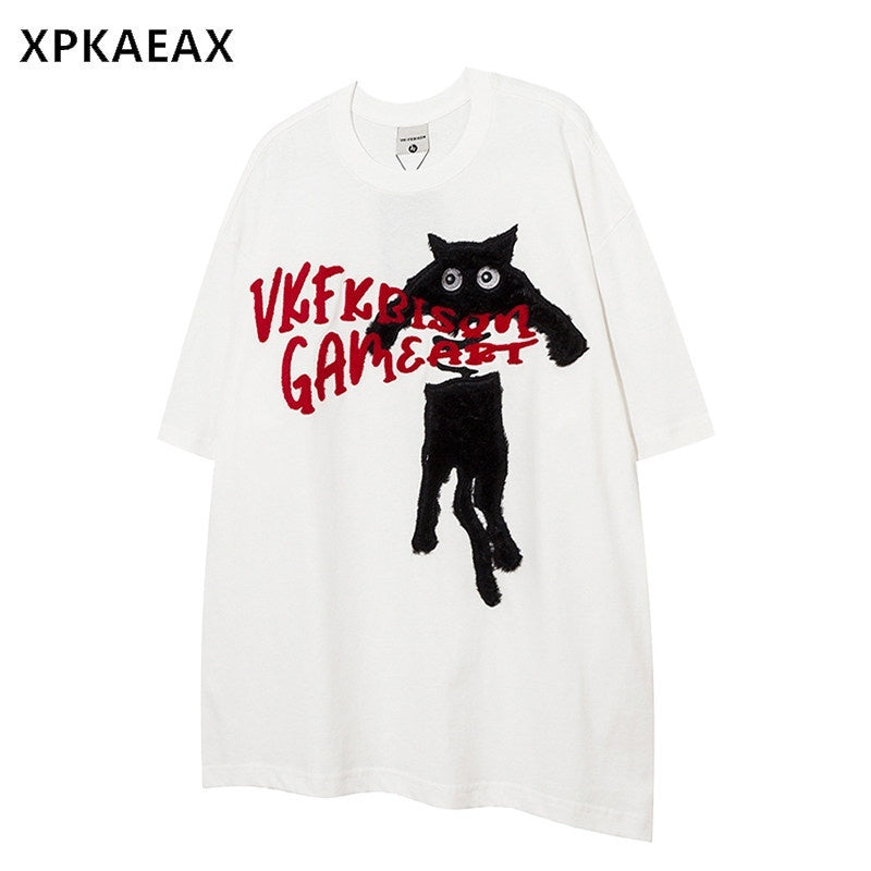 XPKAEAX Terry Embroidered Cat Drop Shoulder Women's Cotton Short Sleeve T-shirts 765231643114