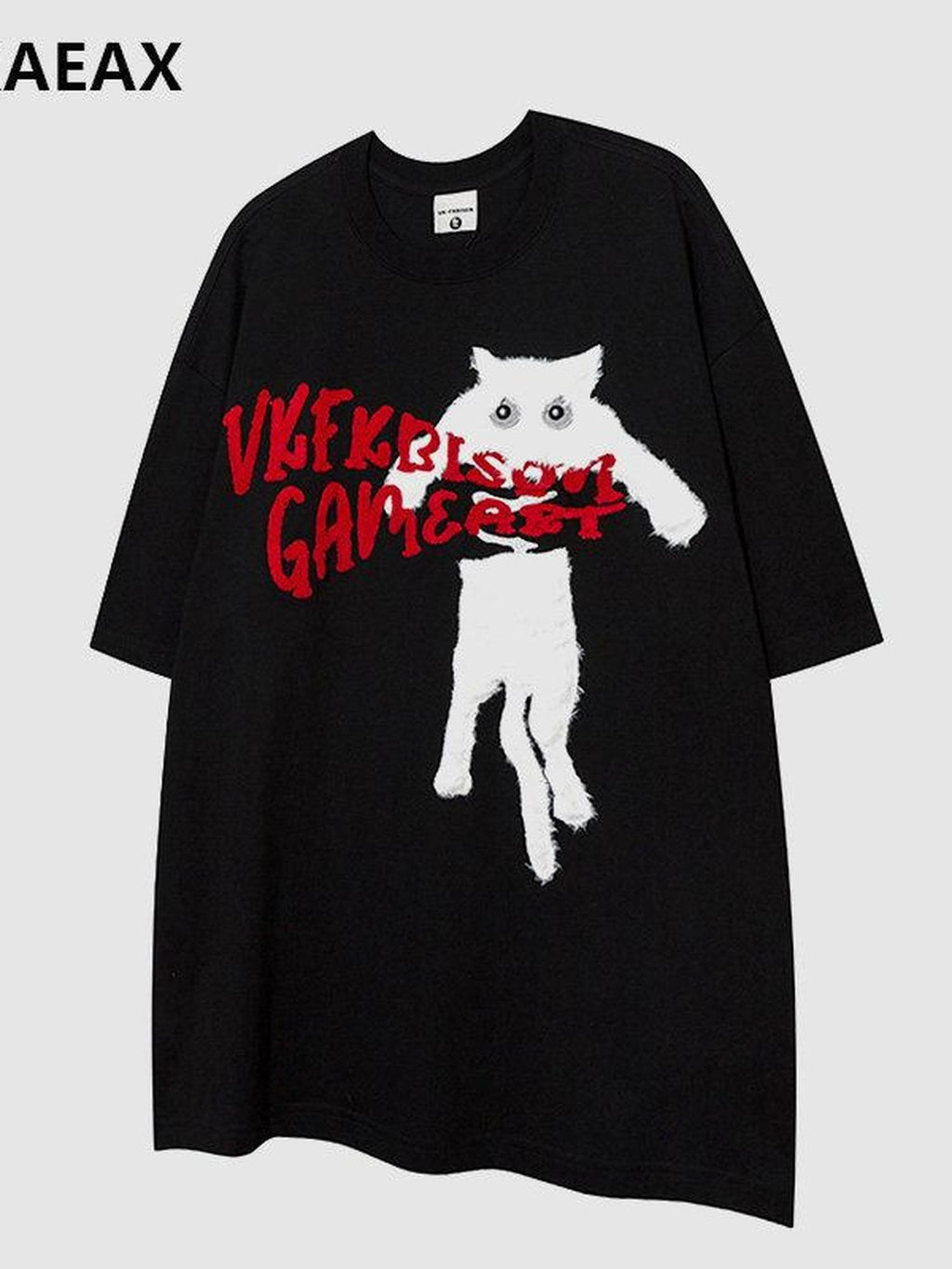 XPKAEAX Terry Embroidered Cat Drop Shoulder Women's Cotton Short Sleeve T-shirts