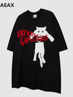 XPKAEAX Terry Embroidered Cat Drop Shoulder Women's Cotton Short Sleeve T-shirts