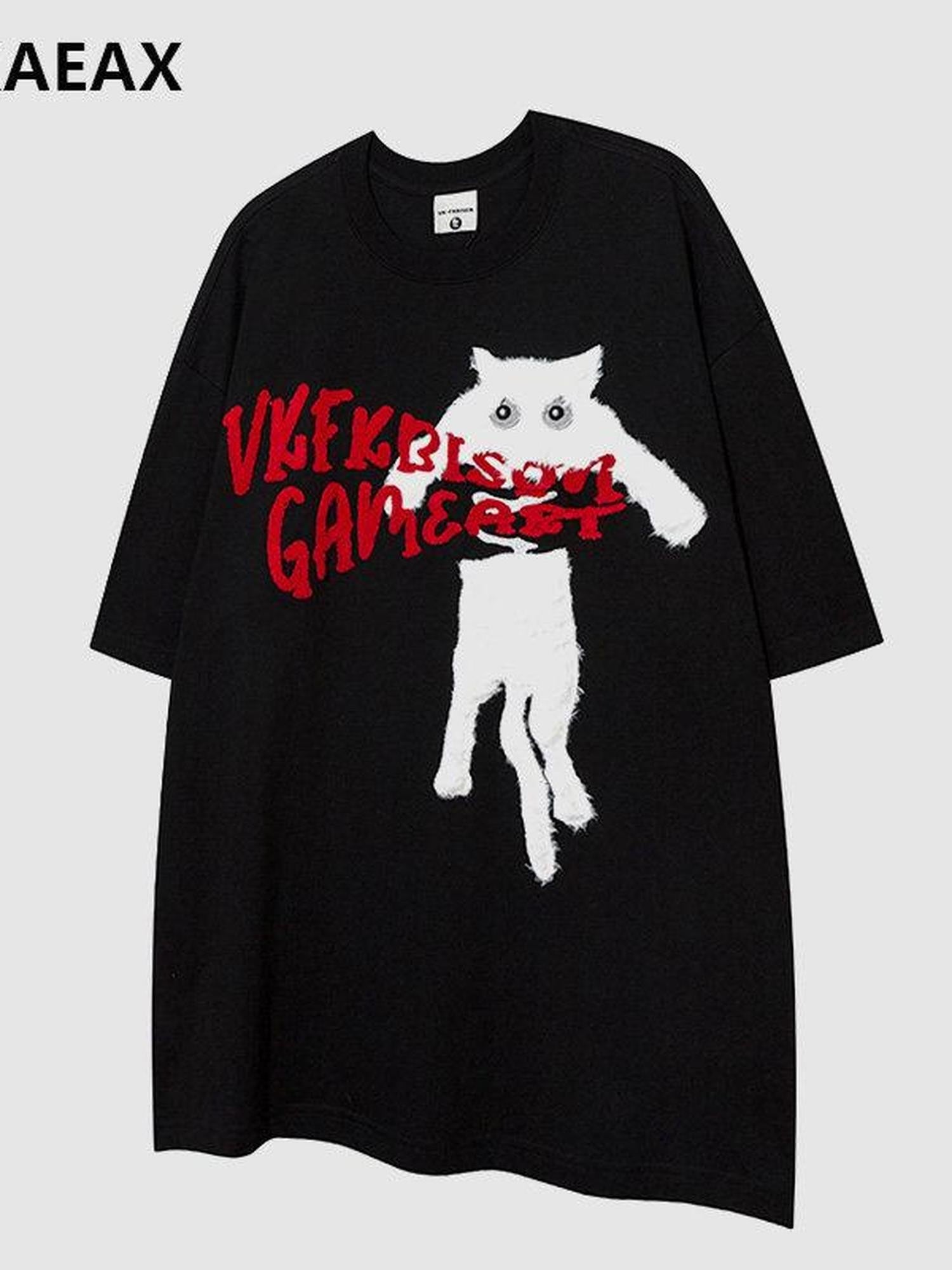 XPKAEAX Terry Embroidered Cat Drop Shoulder Women's Cotton Short Sleeve T-shirts