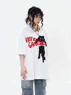 XPKAEAX Terry Embroidered Cat Drop Shoulder Women's Cotton Short Sleeve T-shirts