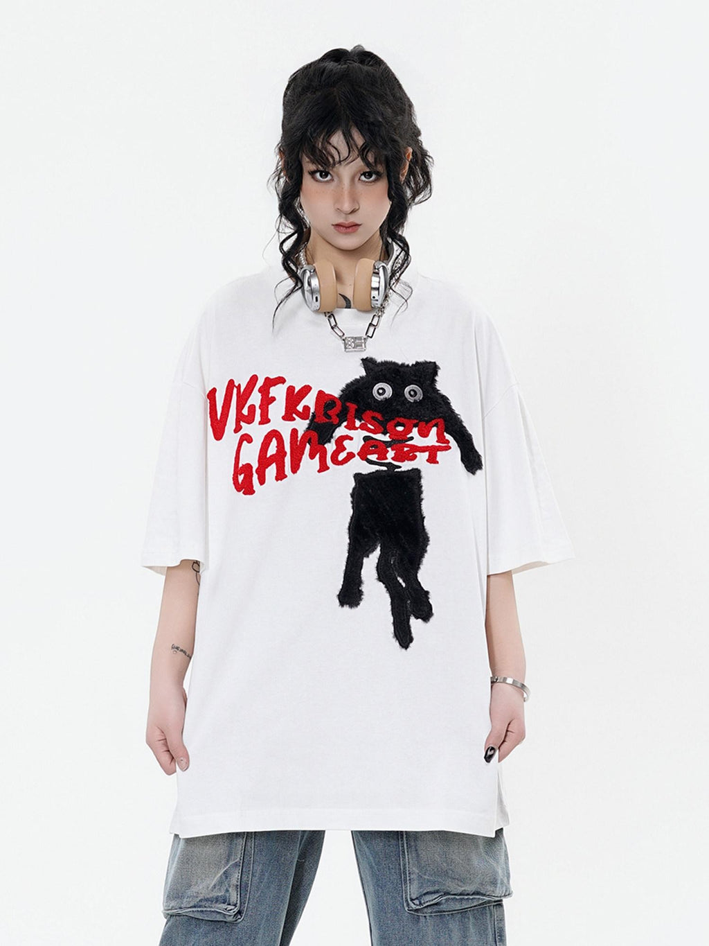 XPKAEAX Terry Embroidered Cat Drop Shoulder Women's Cotton Short Sleeve T-shirts