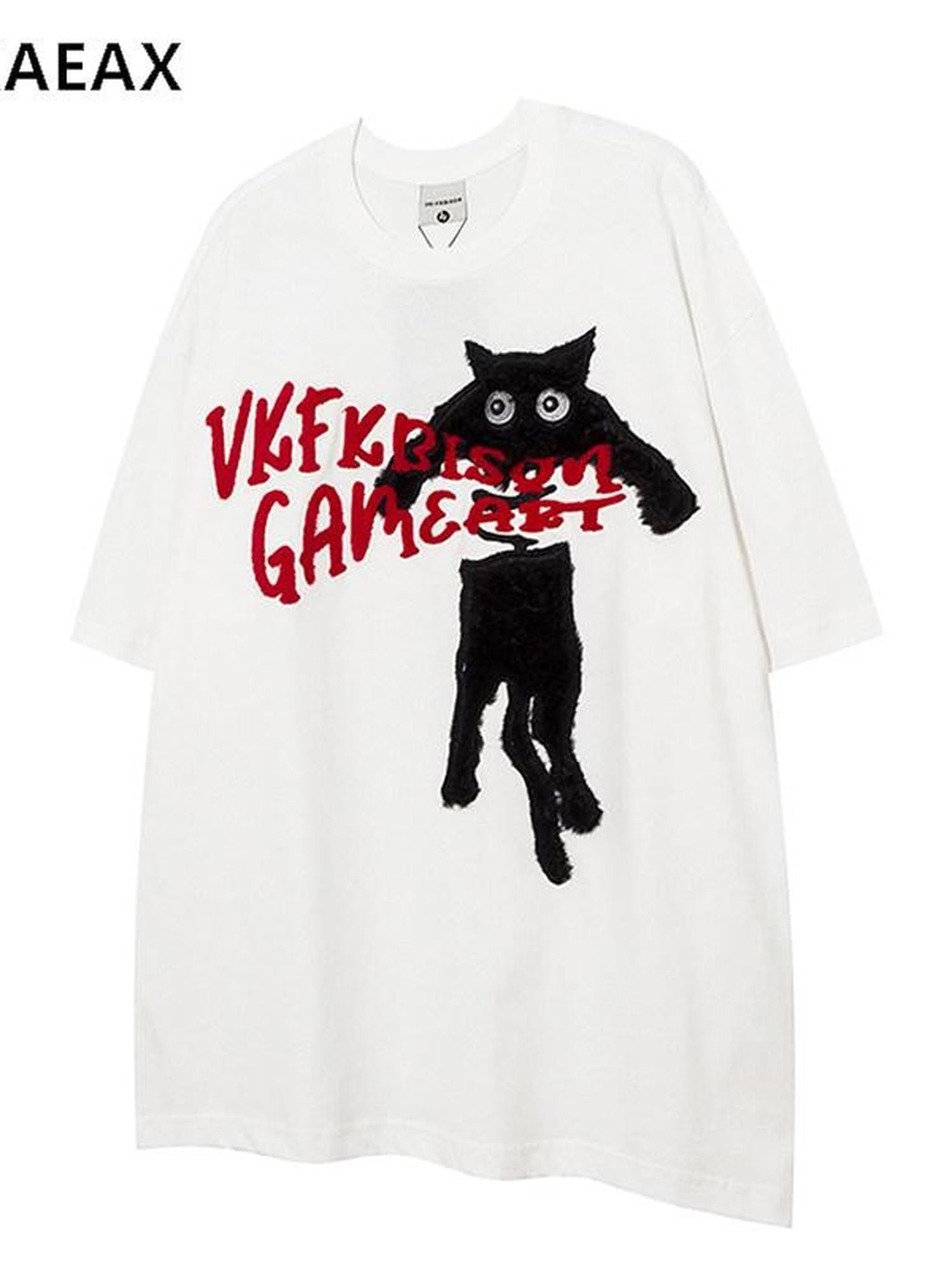 XPKAEAX Terry Embroidered Cat Drop Shoulder Women's Cotton Short Sleeve T-shirts