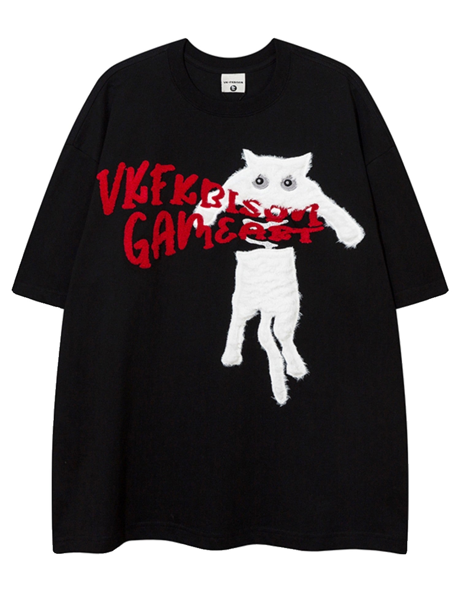 XPKAEAX Terry Embroidered Cat Drop Shoulder Women's Cotton Short Sleeve T-shirts
