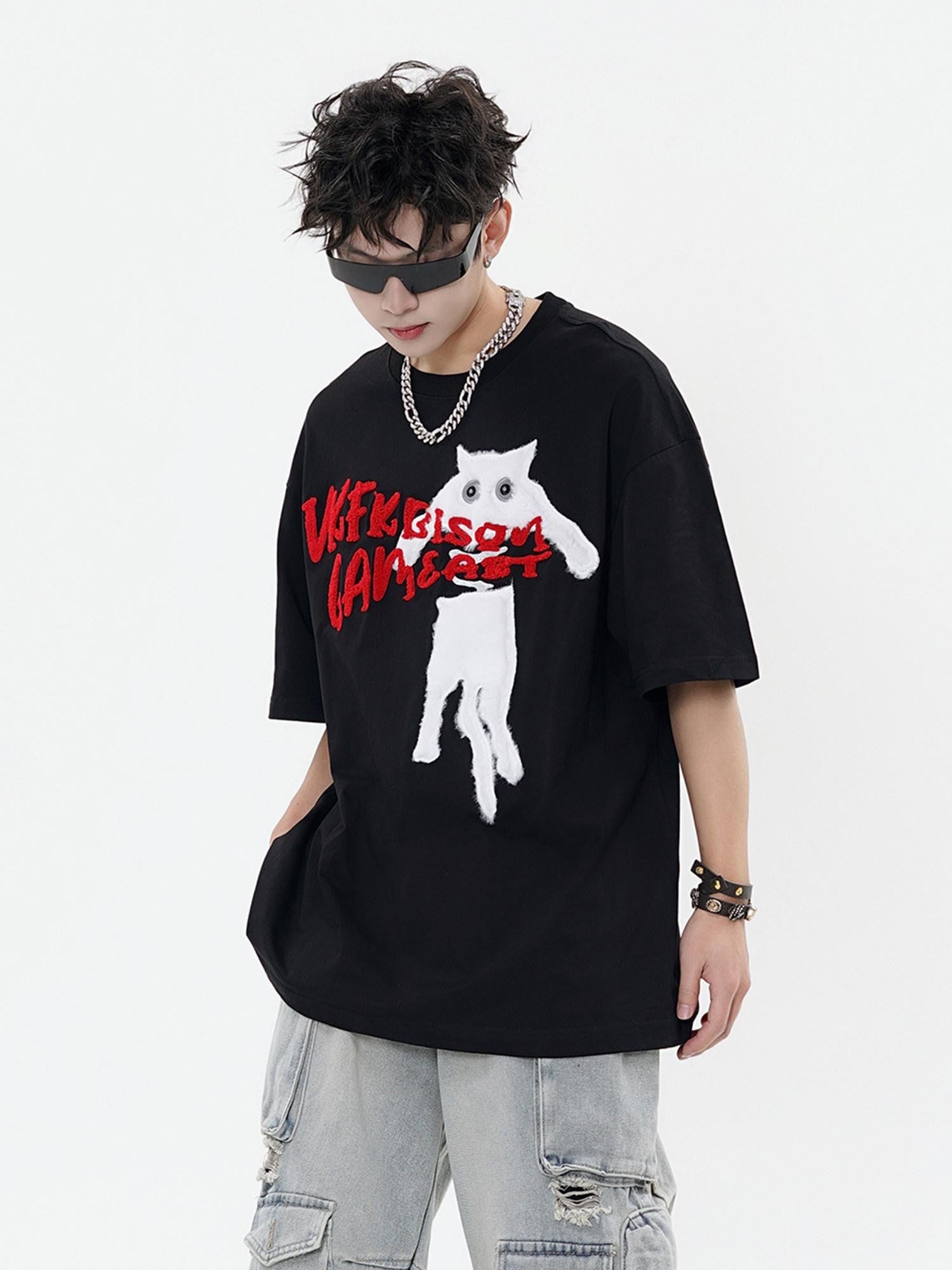 XPKAEAX Terry Embroidered Cat Drop Shoulder Women's Cotton Short Sleeve T-shirts