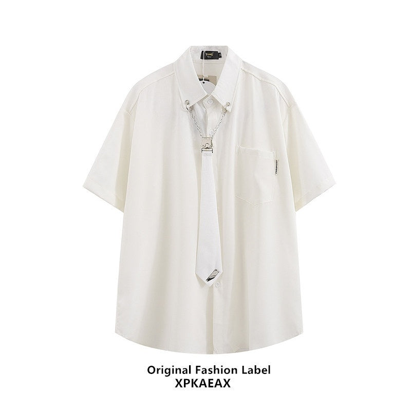 XPKAEAX Tie Detail Point Collar Printed Loose Short Sleeve Non Iron Women's Shirts 716447138645