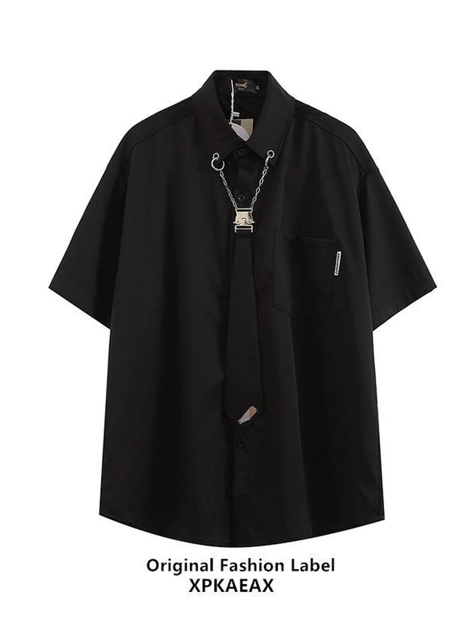 XPKAEAX Tie Detail Point Collar Printed Loose Short Sleeve Non Iron Women's Shirts