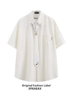 XPKAEAX Tie Detail Point Collar Printed Loose Short Sleeve Non Iron Women's Shirts