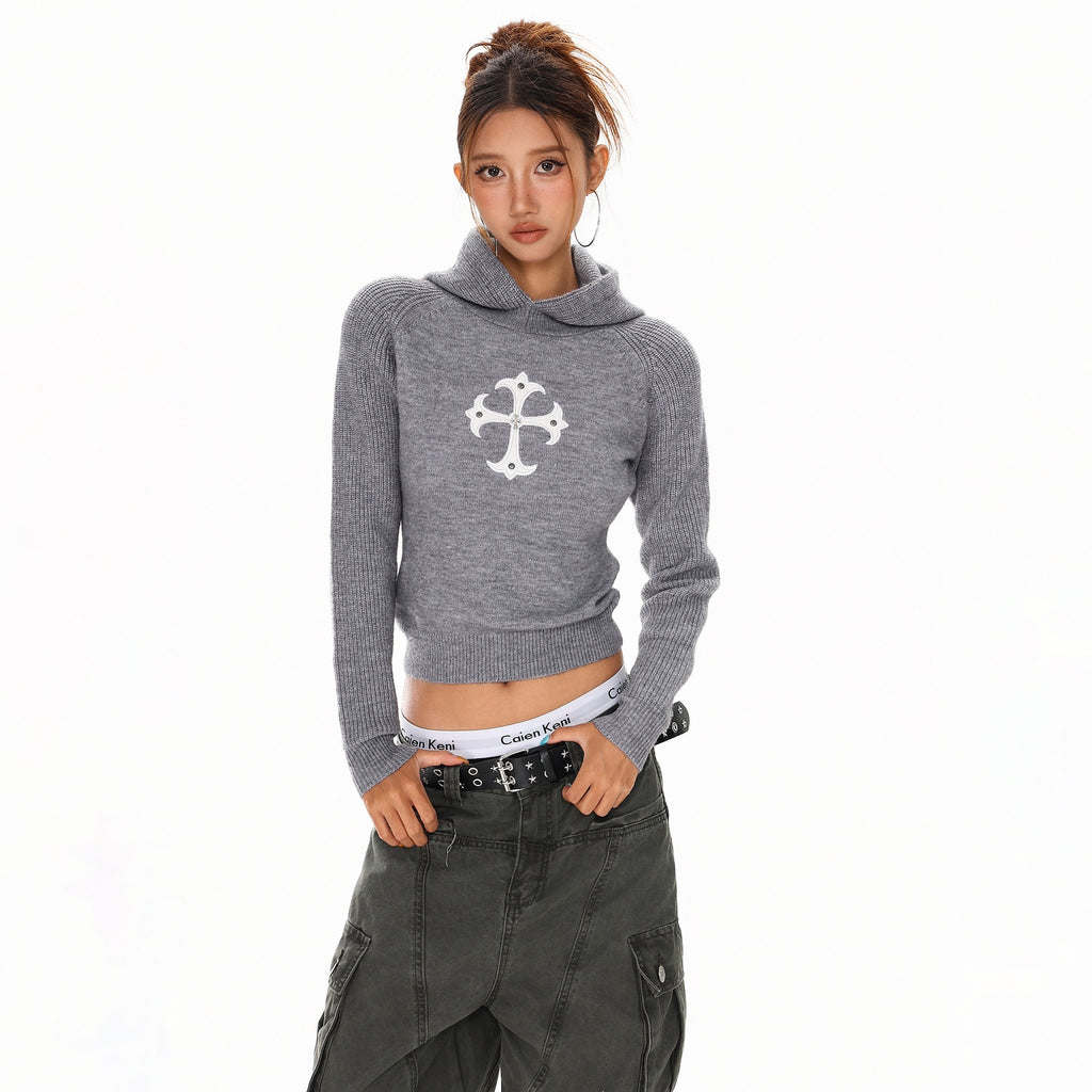 XPKAEAX Urban Cross Hooded 3d Detail Slim Pullover Women's Knit Sweaters 975866686424