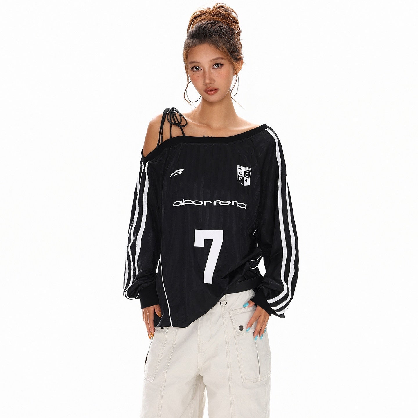 XPKAEAX Vintage Asymmetric Tie Shoulder Print Loose Fit Women's Long Sleeve T-shirts 968774243386