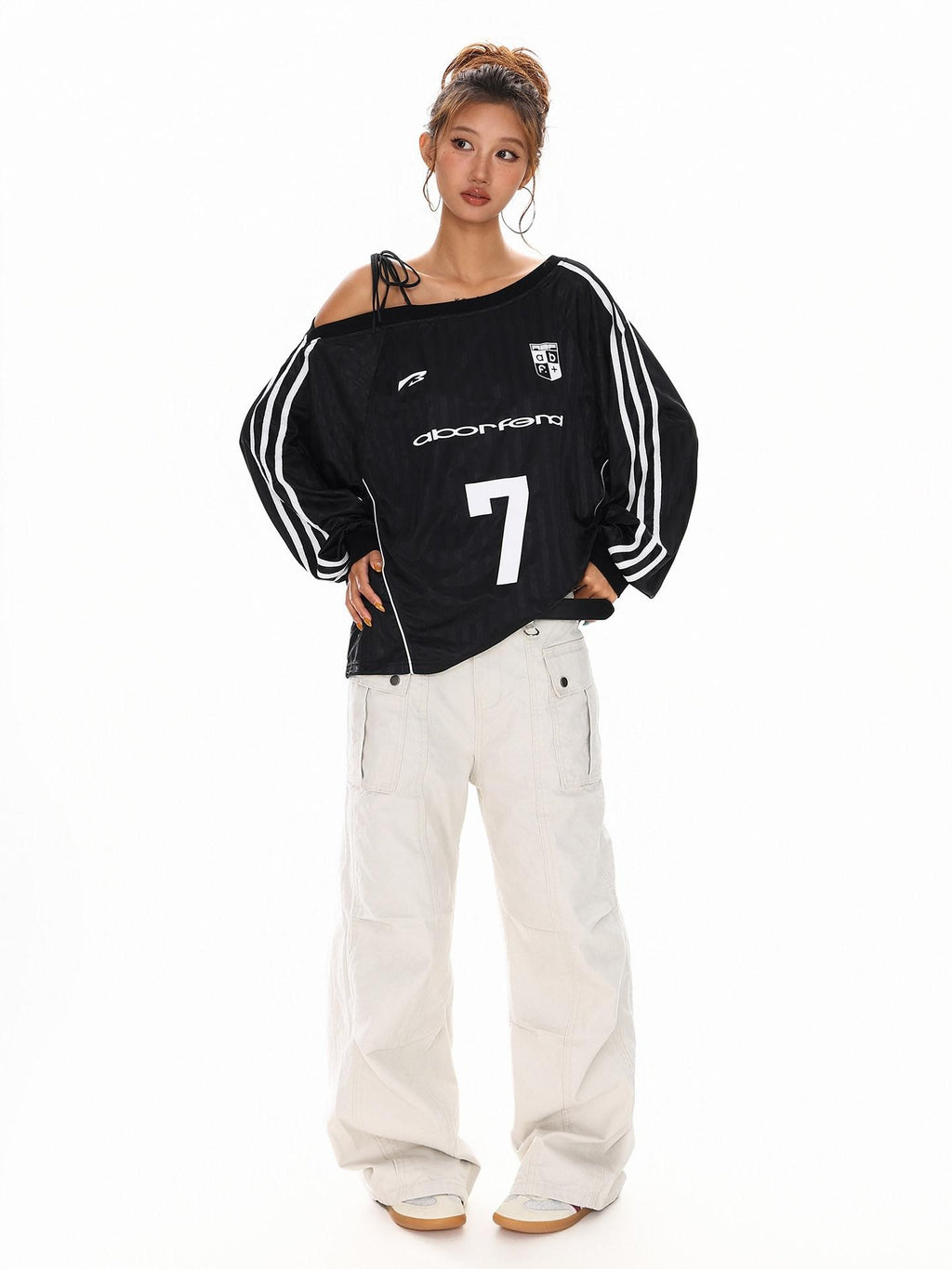 XPKAEAX Vintage Asymmetric Tie Shoulder Print Loose Fit Women's Long Sleeve T-shirts