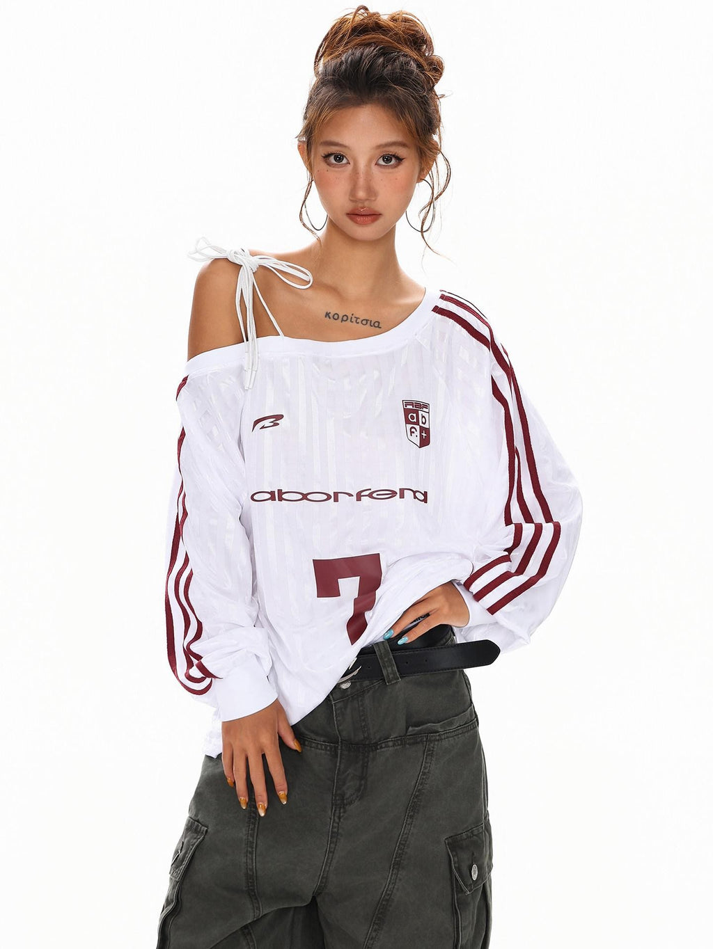 XPKAEAX Vintage Asymmetric Tie Shoulder Print Loose Fit Women's Long Sleeve T-shirts