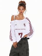 XPKAEAX Vintage Asymmetric Tie Shoulder Print Loose Fit Women's Long Sleeve T-shirts