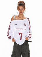 XPKAEAX Vintage Asymmetric Tie Shoulder Print Loose Fit Women's Long Sleeve T-shirts