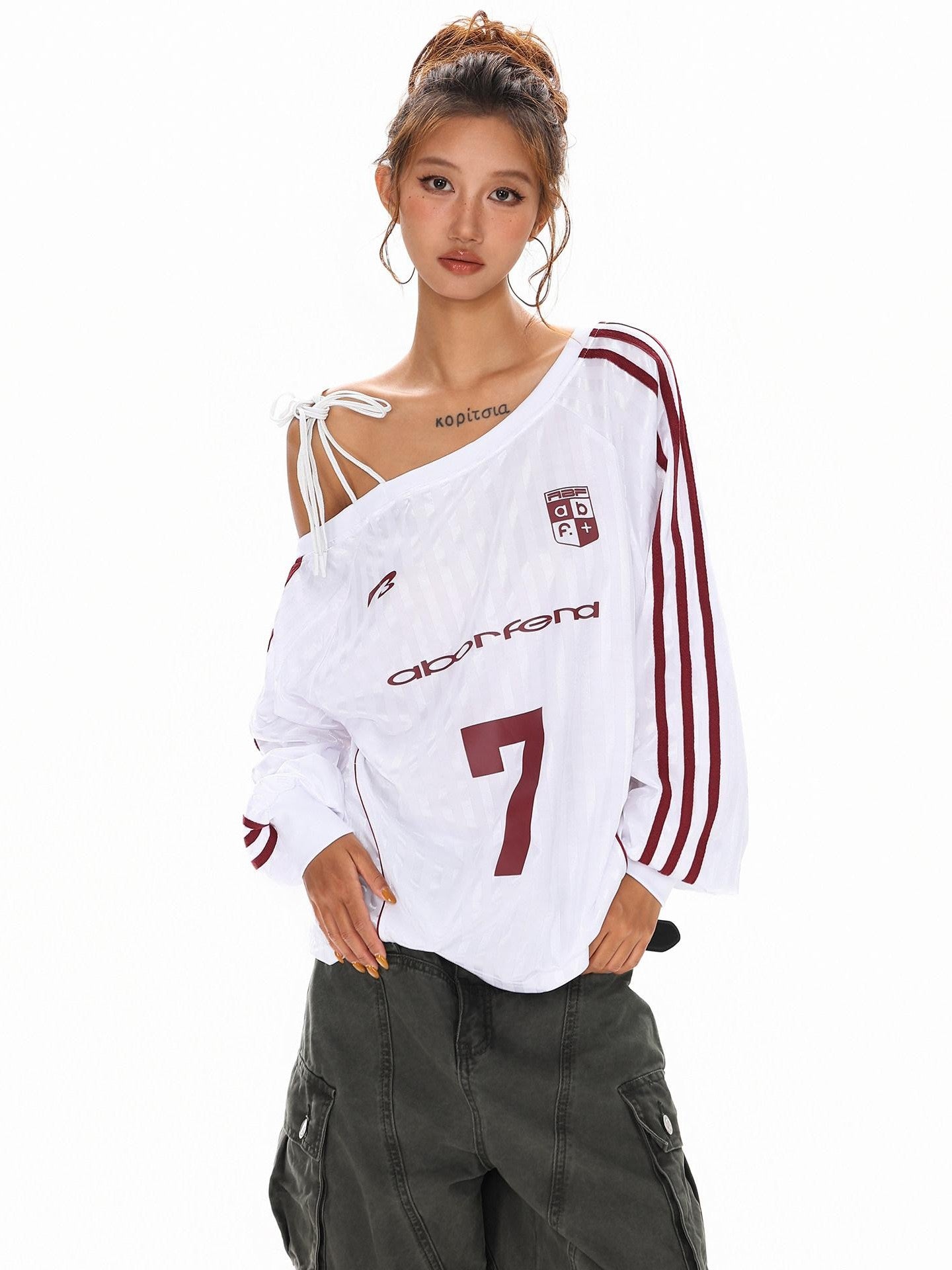 XPKAEAX Vintage Asymmetric Tie Shoulder Print Loose Fit Women's Long Sleeve T-shirts