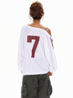 XPKAEAX Vintage Asymmetric Tie Shoulder Print Loose Fit Women's Long Sleeve T-shirts