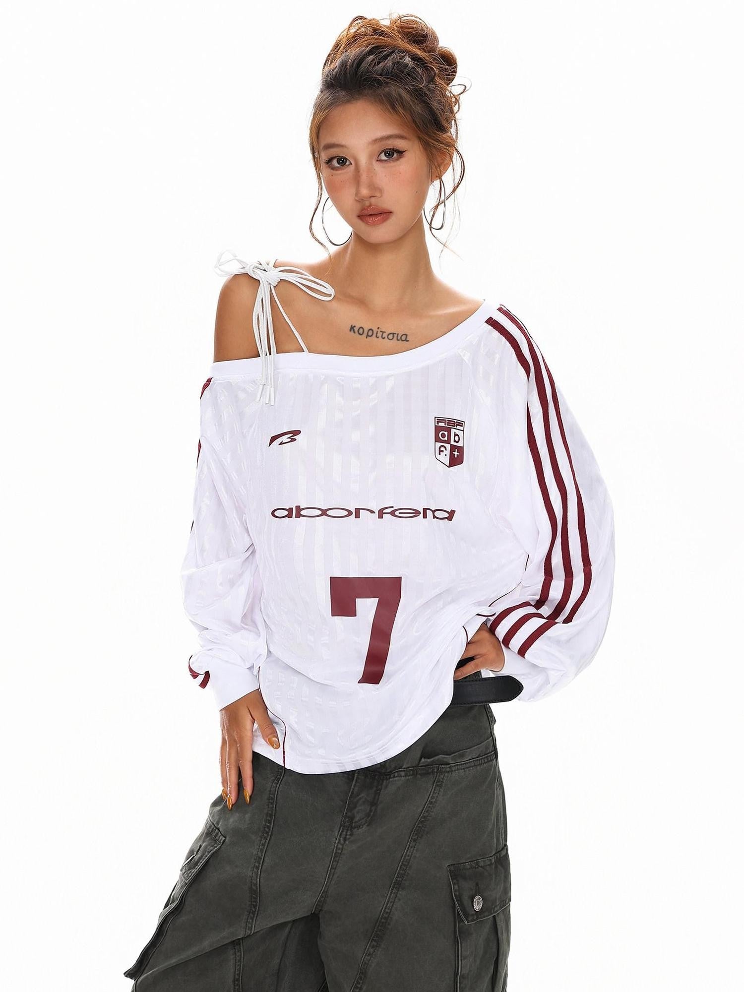XPKAEAX Vintage Asymmetric Tie Shoulder Print Loose Fit Women's Long Sleeve T-shirts