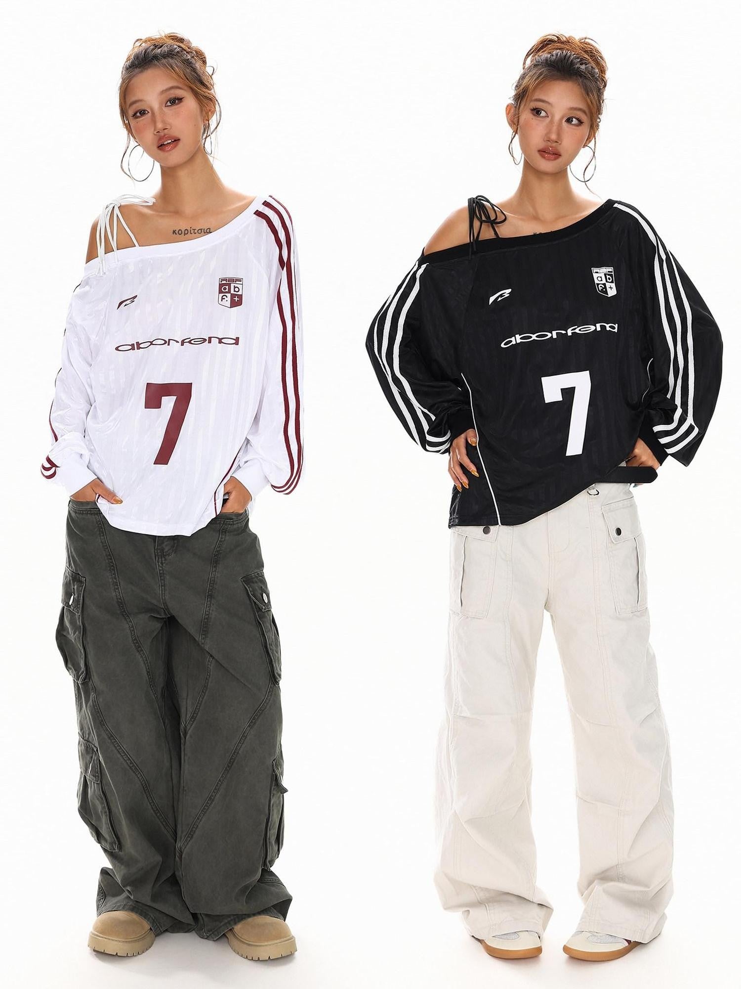XPKAEAX Vintage Asymmetric Tie Shoulder Print Loose Fit Women's Long Sleeve T-shirts