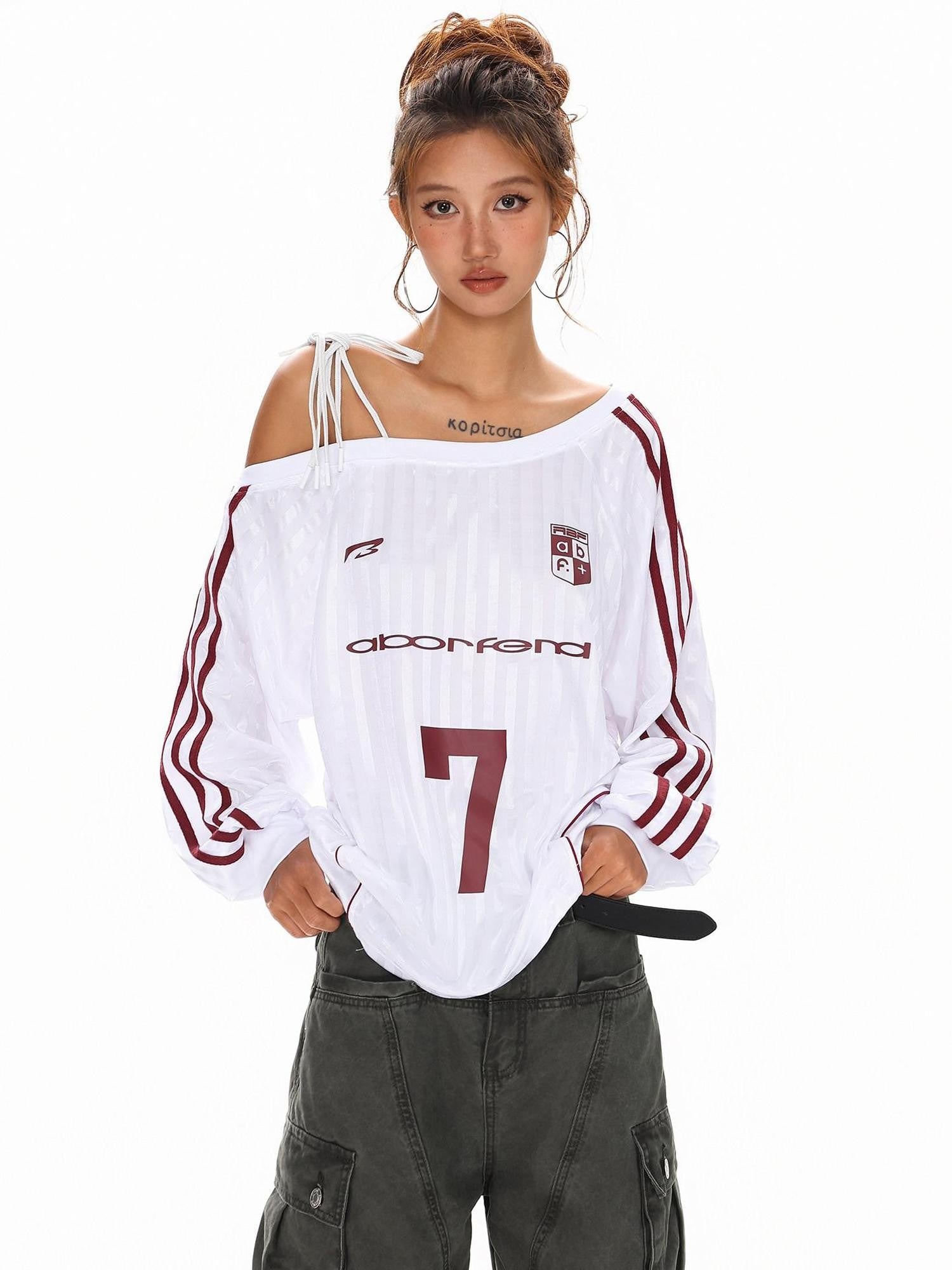 XPKAEAX Vintage Asymmetric Tie Shoulder Print Loose Fit Women's Long Sleeve T-shirts