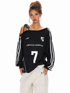 XPKAEAX Vintage Asymmetric Tie Shoulder Print Loose Fit Women's Long Sleeve T-shirts