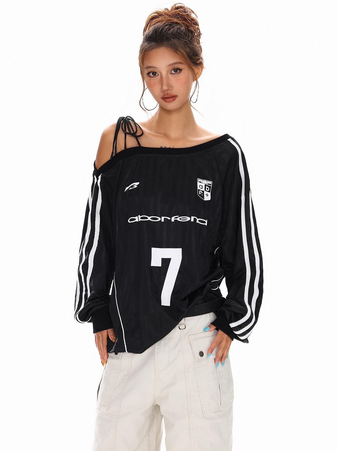 XPKAEAX Vintage Asymmetric Tie Shoulder Print Loose Fit Women's Long Sleeve T-shirts