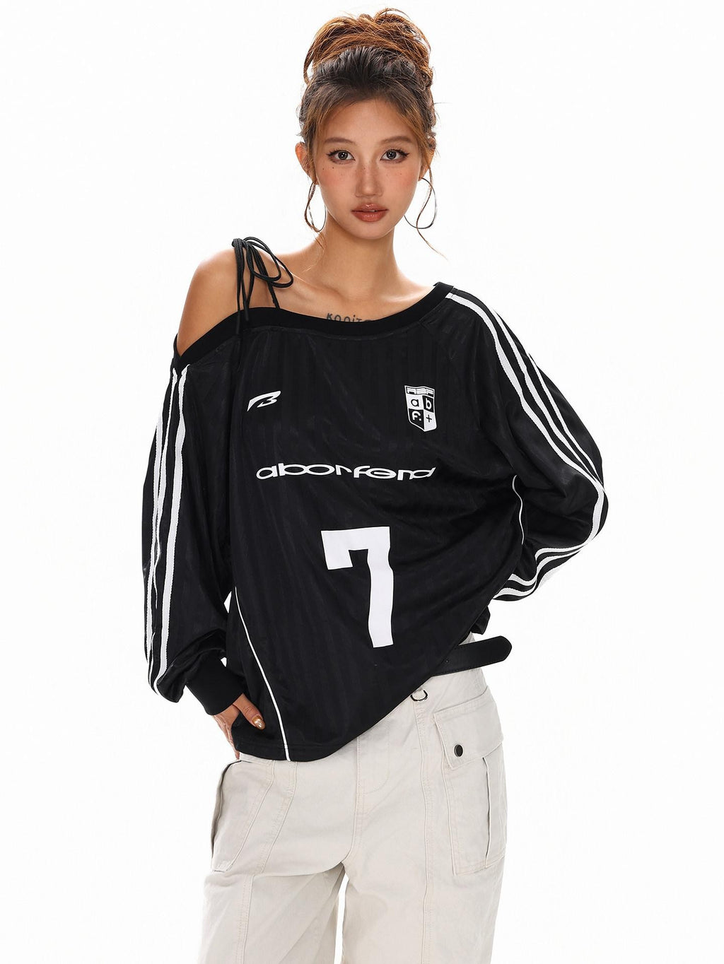XPKAEAX Vintage Asymmetric Tie Shoulder Print Loose Fit Women's Long Sleeve T-shirts