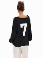 XPKAEAX Vintage Asymmetric Tie Shoulder Print Loose Fit Women's Long Sleeve T-shirts