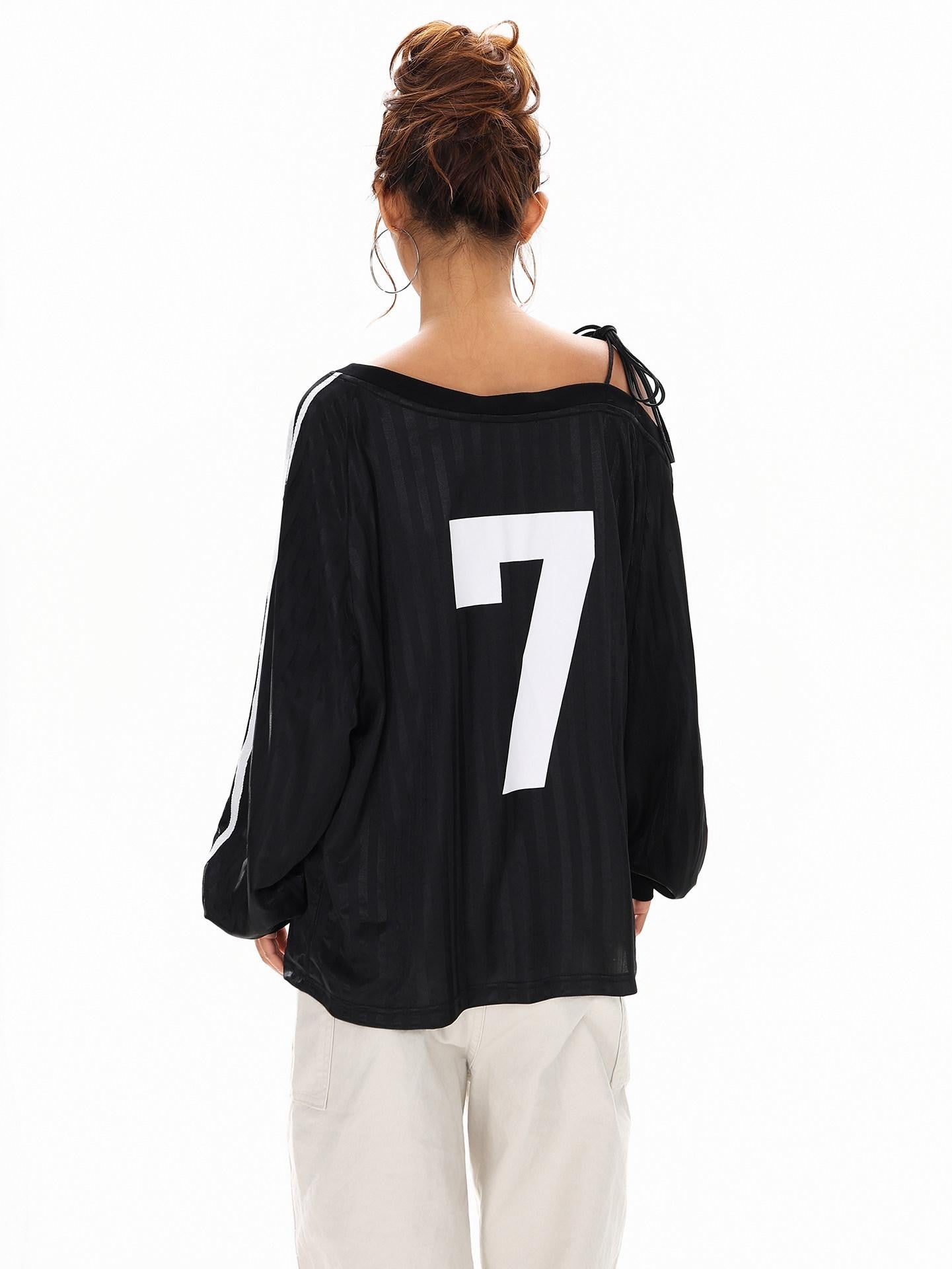 XPKAEAX Vintage Asymmetric Tie Shoulder Print Loose Fit Women's Long Sleeve T-shirts