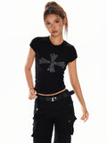 XPKAEAX Vintage Cross Letter Print Slim Women's Cotton Short Sleeve T-shirts 959214920719