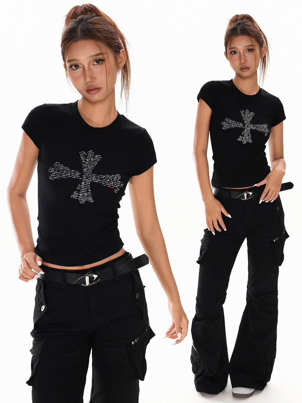 XPKAEAX Vintage Cross Letter Print Slim Women's Cotton Short Sleeve T-shirts
