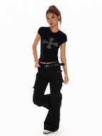 XPKAEAX Vintage Cross Letter Print Slim Women's Cotton Short Sleeve T-shirts
