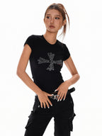 XPKAEAX Vintage Cross Letter Print Slim Women's Cotton Short Sleeve T-shirts