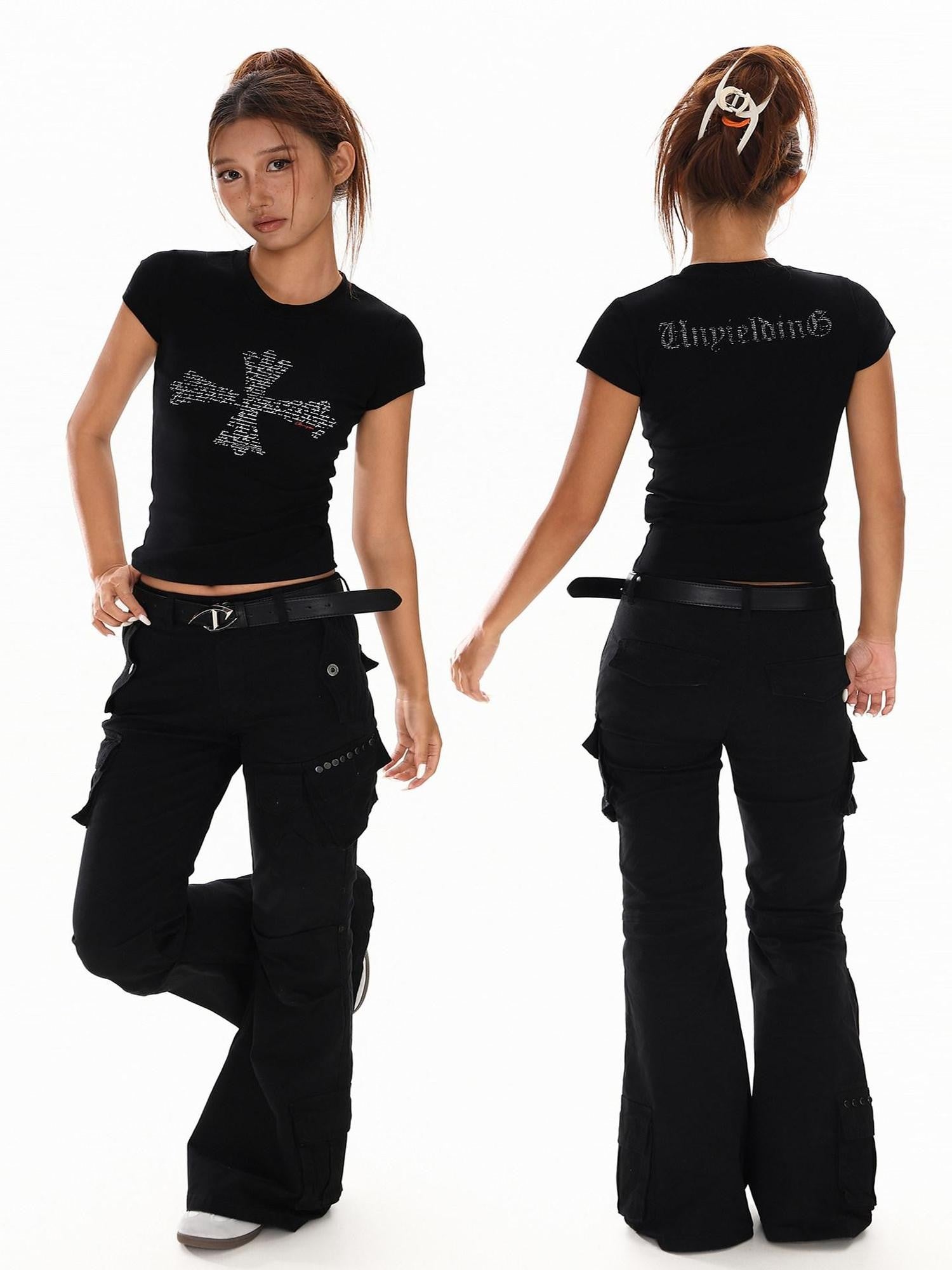 XPKAEAX Vintage Cross Letter Print Slim Women's Cotton Short Sleeve T-shirts