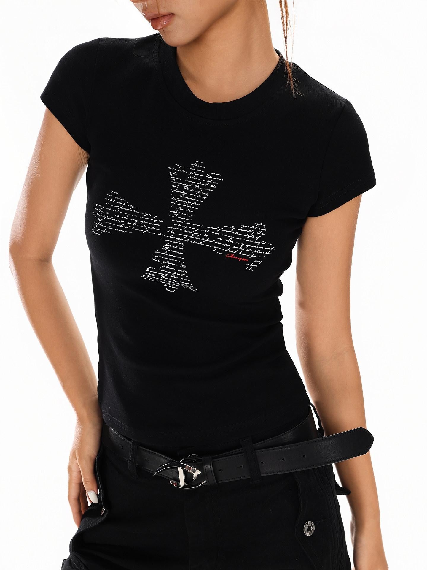 XPKAEAX Vintage Cross Letter Print Slim Women's Cotton Short Sleeve T-shirts