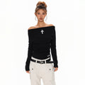 XPKAEAX Vintage Cross Print Pleated Off Shoulder Slim Fit Women's Long Sleeve T-shirts 971516858872