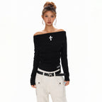 XPKAEAX Vintage Cross Print Pleated Off Shoulder Slim Fit Women's Long Sleeve T-shirts 971516858872