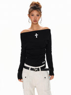 XPKAEAX Vintage Cross Print Pleated Off Shoulder Slim Fit Women's Long Sleeve T-shirts