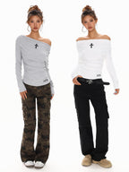 XPKAEAX Vintage Cross Print Pleated Off Shoulder Slim Fit Women's Long Sleeve T-shirts