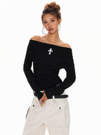 XPKAEAX Vintage Cross Print Pleated Off Shoulder Slim Fit Women's Long Sleeve T-shirts