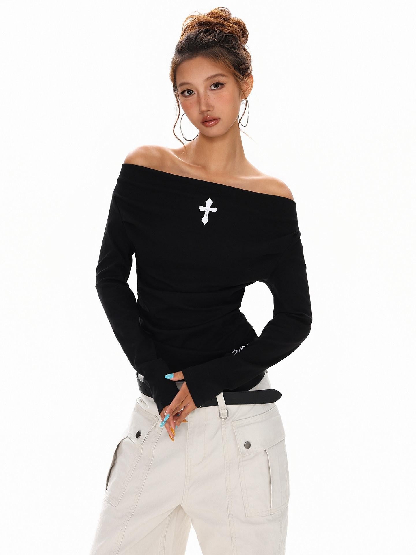 XPKAEAX Vintage Cross Print Pleated Off Shoulder Slim Fit Women's Long Sleeve T-shirts