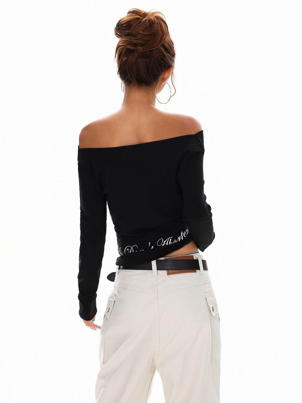 XPKAEAX Vintage Cross Print Pleated Off Shoulder Slim Fit Women's Long Sleeve T-shirts