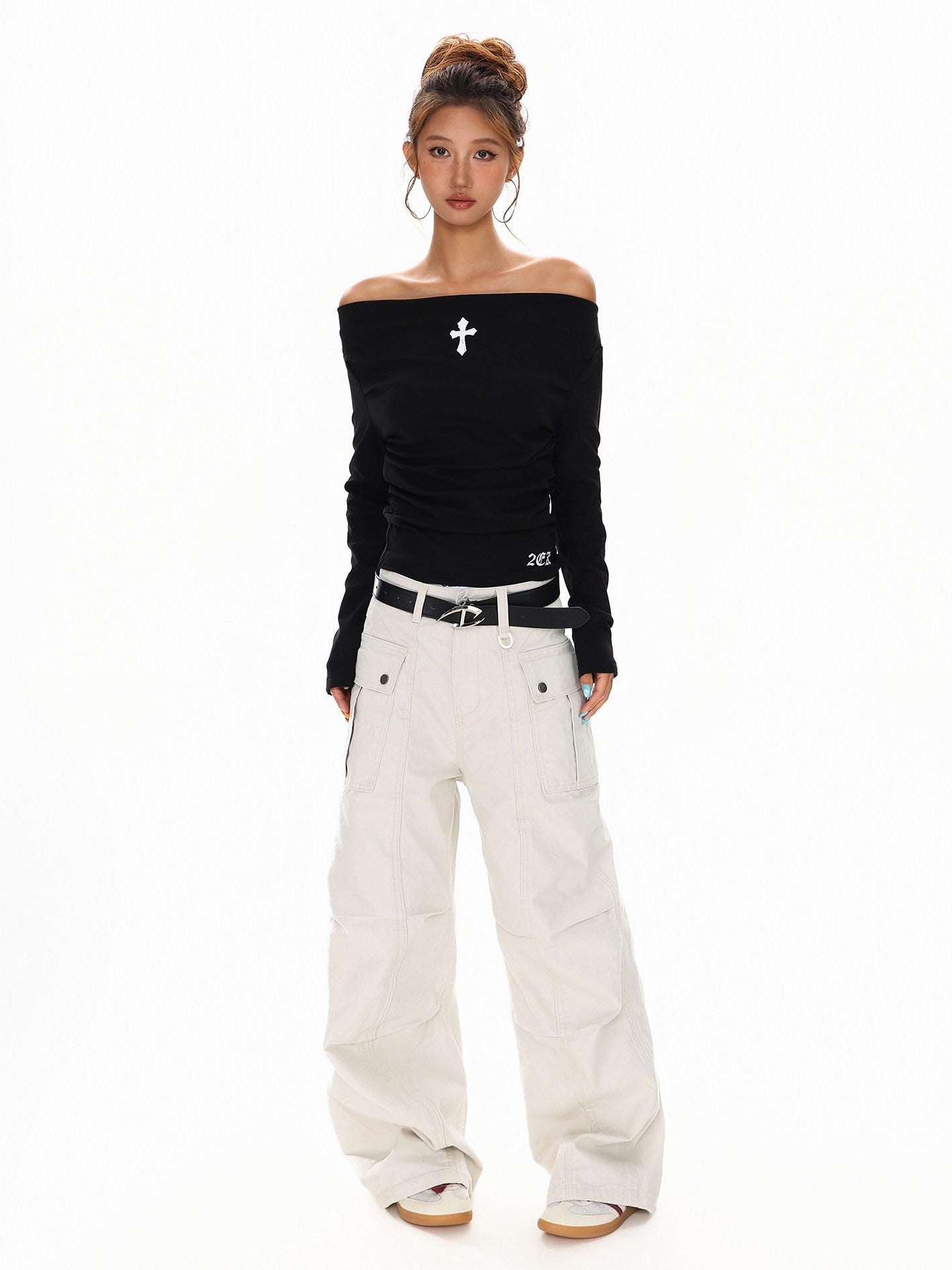 XPKAEAX Vintage Cross Print Pleated Off Shoulder Slim Fit Women's Long Sleeve T-shirts
